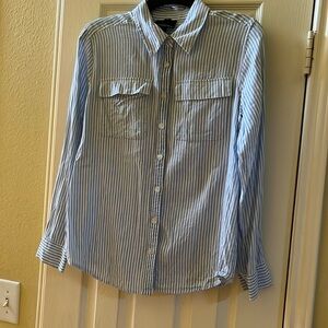 Cynthia Rowley-Linen Blend-Blue And White Striped Shirt-Small